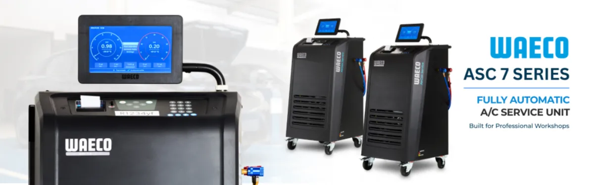Waeco ASC 7 Series fully automatic air conditioning service units in a workshop, with a blue touchscreen control on the left and two mobile units on wheels on the right.