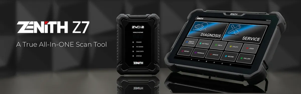 Zenith Z7 all-in-one scan tool with diagnostic tablet and handheld device on a dark background, showcasing the product line.