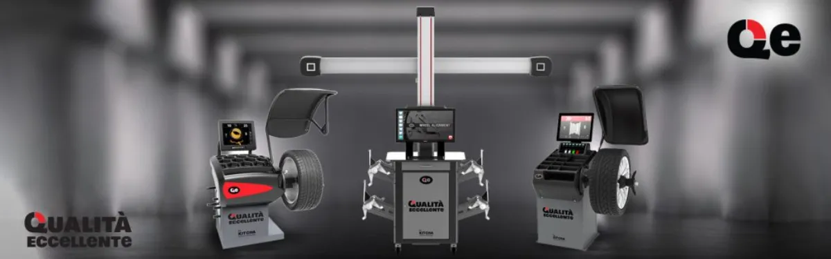 Three automotive wheel-alignment stations in a workshop, each with a monitor and wheel clamping arms, branded Qualità Eccellente.