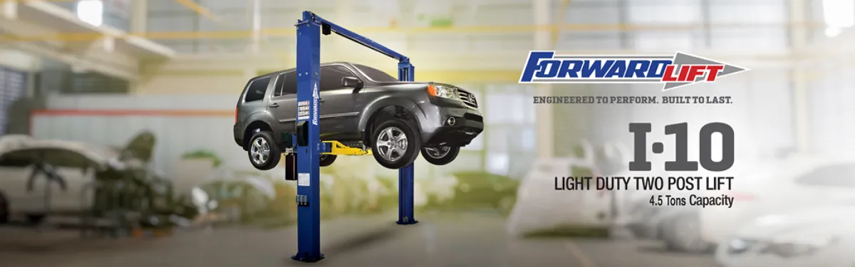 Silver SUV elevated on a blue two-post car lift inside an auto shop; ForwardLift I-10 4.5-ton capacity advertisement