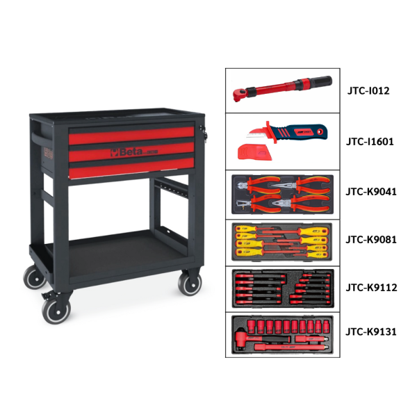 RSC51-R รถเข็นเก็บเครื่องมือ 3 ลิ้นชัก สีแดง พร้อมชุดเครื่องมือช่างบริการ รถ EV 38 ชิ้น